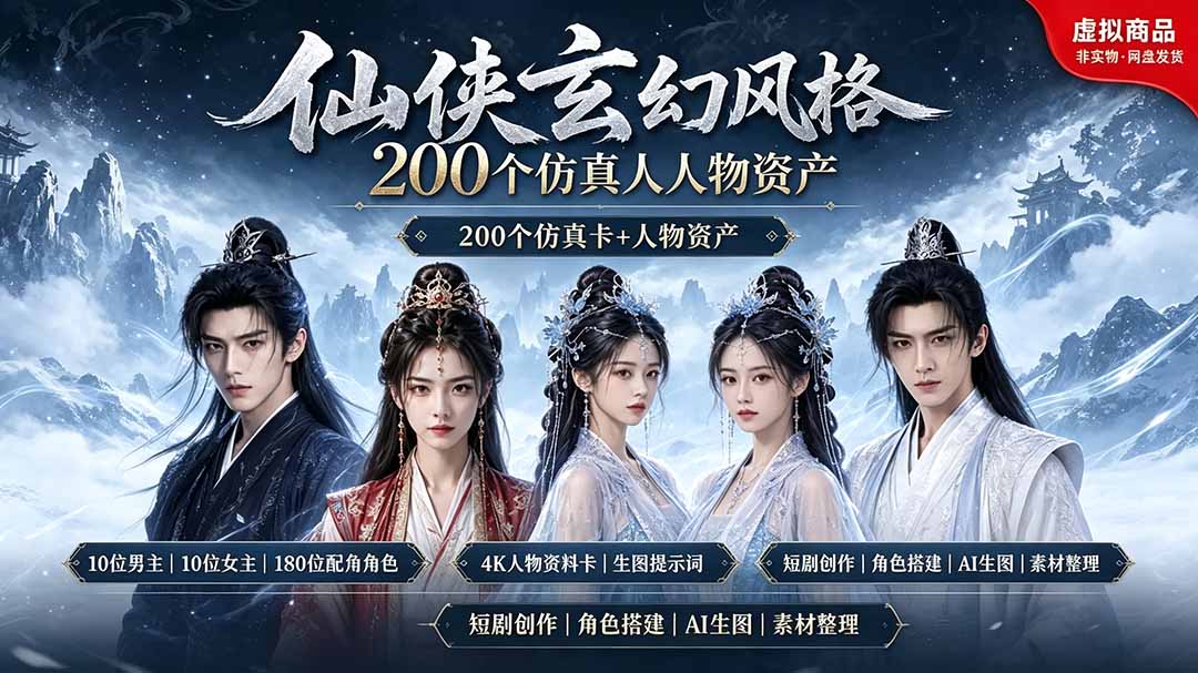 200个仙侠玄幻仿真人素材◆10男主×10女主×180配角，4K资料卡+AI生图提示词，漫剧必备
