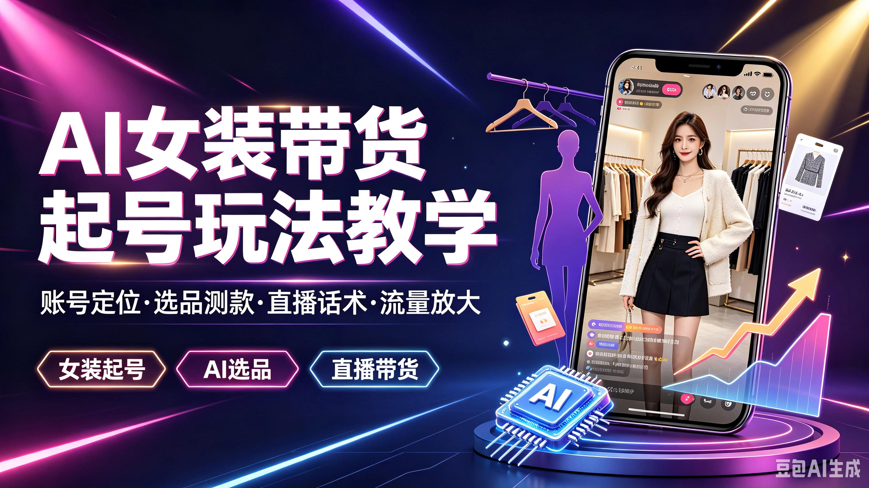 【精】AI女装带货起号玩法教学，帐号定位·选品测款·直播话术·流量放大，女装起号、Al选品、直播带货