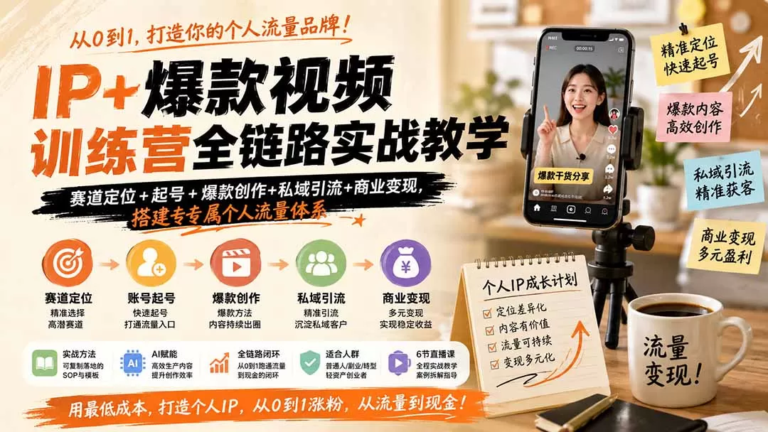 【精】IP+爆款视频训练营全链路实战教学；赛道定位+起号+爆款创作+私域引流+商业变现，搭建专属个人流量体系