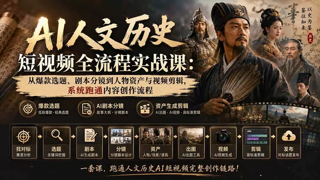 【精】AI人文历史短视频全流程实战课:从爆款选题、剧本分镜到人物资产与视频剪辑,系统跑通内容创作流程 【精】AI人文历史短视频全流程实战课:从爆款选题、剧本分镜到人物资产与视频剪辑,系统跑通内容创作流程