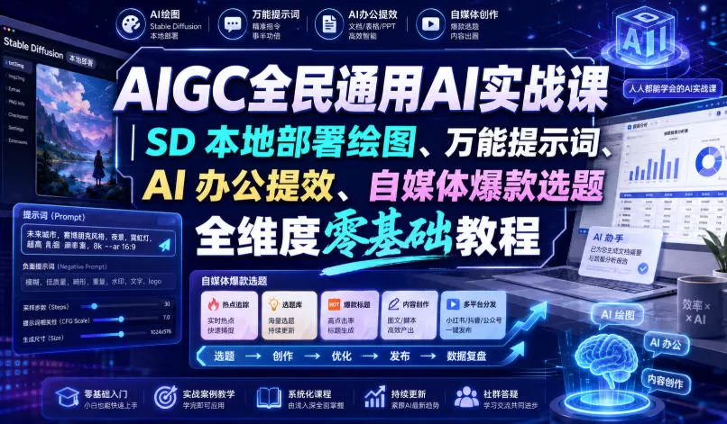 【精】AIGC全民通用AI实战课|SD本地部署绘图、万能提示词、AI办公提效、自媒体爆款选题全维度零基础教程