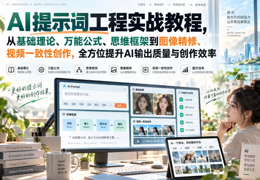 【精】AI提示词工程实战教程,从基础理论、万能公式、思维框架到图像精修、视频一致性创作,全方位提升AI输出质量与创作效率