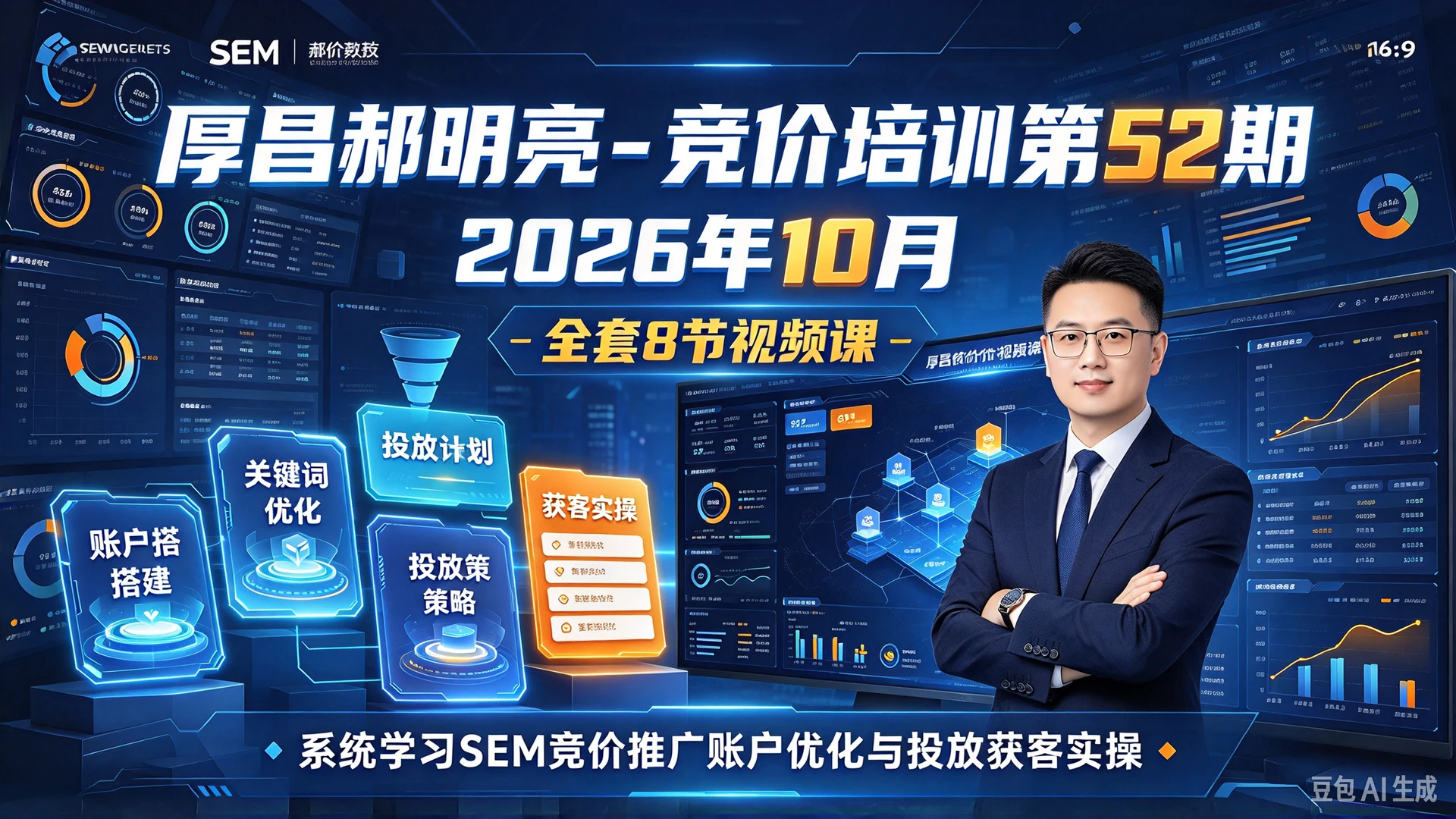 【精】厚昌郝明亮 – 竞价培训第52期2026年10月,全套8节视频课时,系统学习SEM竞价推广账户优化与投放获客实操