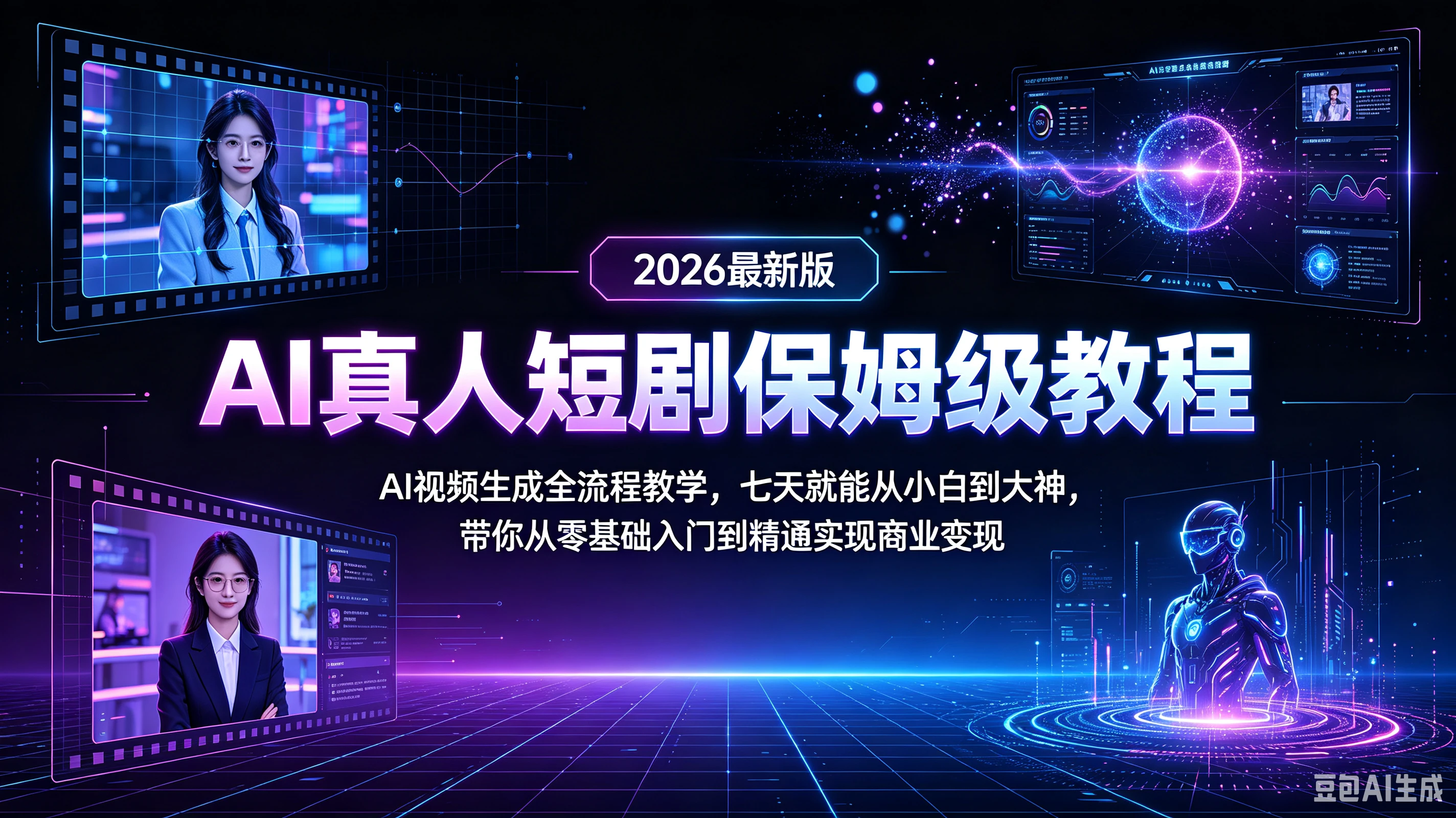 【精】AI真人短剧保姆级教程!2026最新版AI视频生成全流程教学!七天就能从小白到大神!带你从零基础入门到精通实现商业变现!