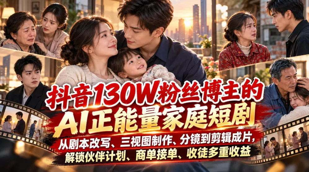 【精】抖音130W粉丝博主的AI正能量家庭短剧,从剧本改写、三视图制作、分镜到剪辑成片,解锁伙伴计划、商单接单、收徒多重收益