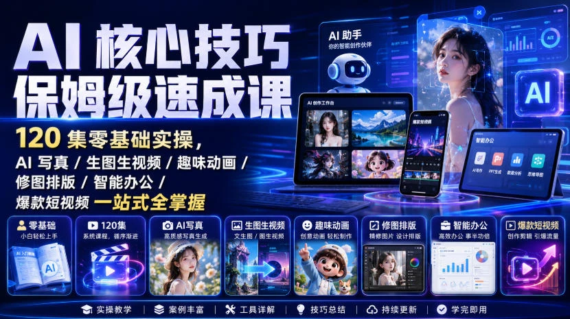 【精】AI核心技巧保姆级速成课|120集零基础实操,AI写真/生图生视频/趣味动画/修图排版/智能办公/爆款短视频一站式全掌握(更新)