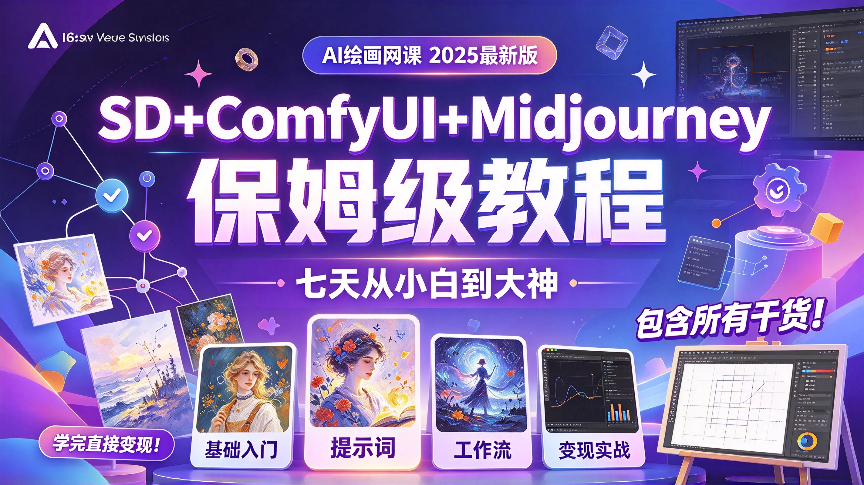【精】AI绘画网课SD+ComfyUI+Midjourney保姆级教程,2025最新版!包含所有干货!七天就能从小白到大神!学完直接变现!