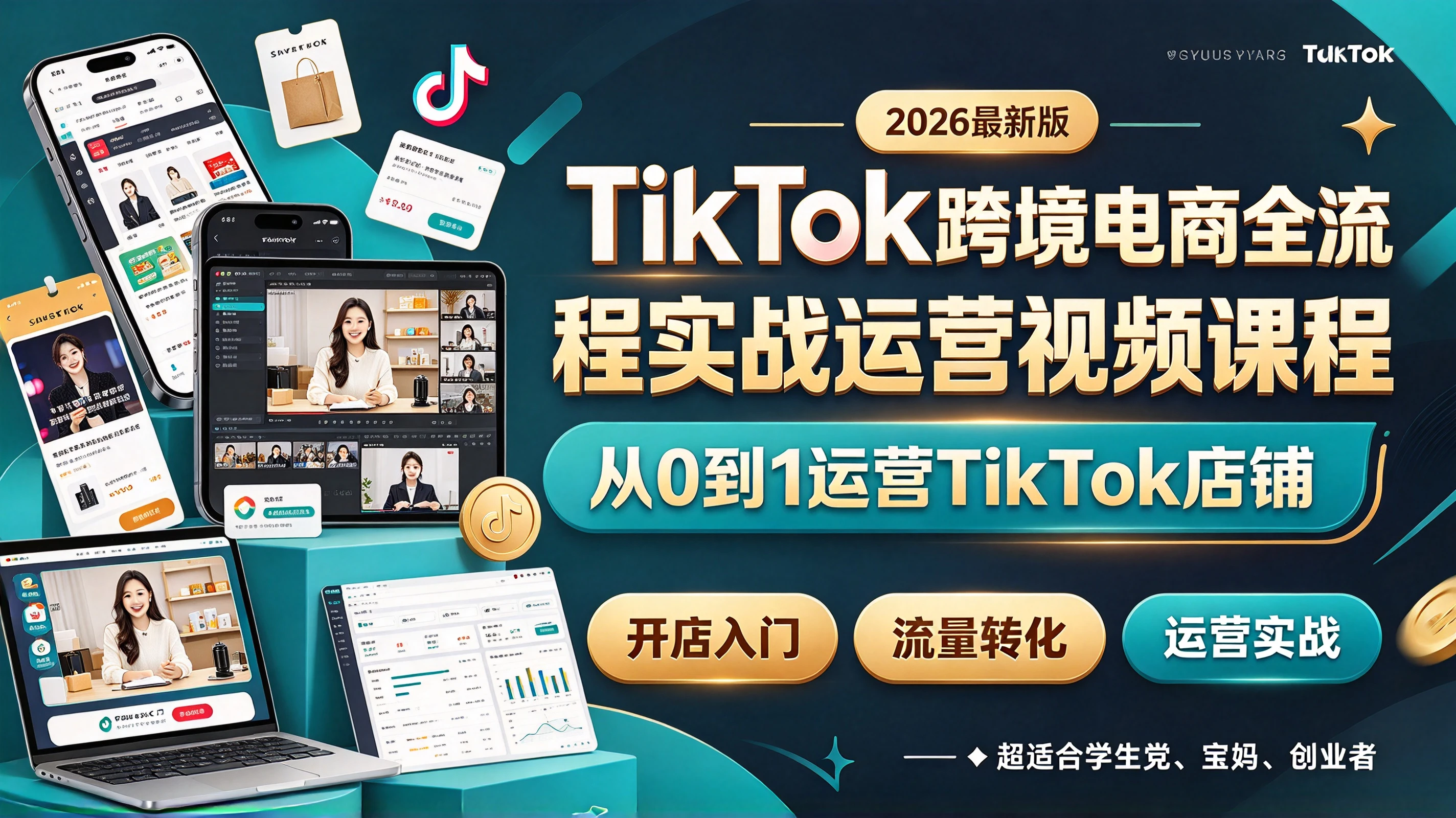 【精】2026最新版TikTok跨境电商全流程实战运营视频课程,从0到1运营TikTok店铺,超适合学生党、宝妈、创业者