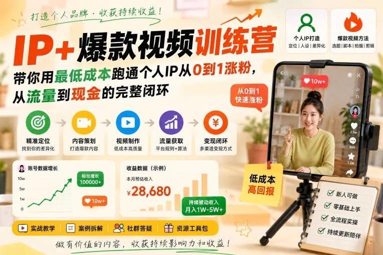 【精】AI+IP爆款视频训练营,带你用最低成本跑通个人IP从0到1涨粉,从流量到现金的完整闭环