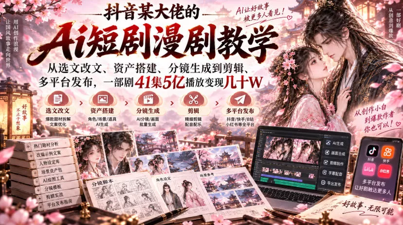 【精】抖音某大佬的Ai短剧漫剧教学,从选文改文、资产搭建、分镜生成到剪辑、多平台发布,一部剧41集5亿播放变现几十W