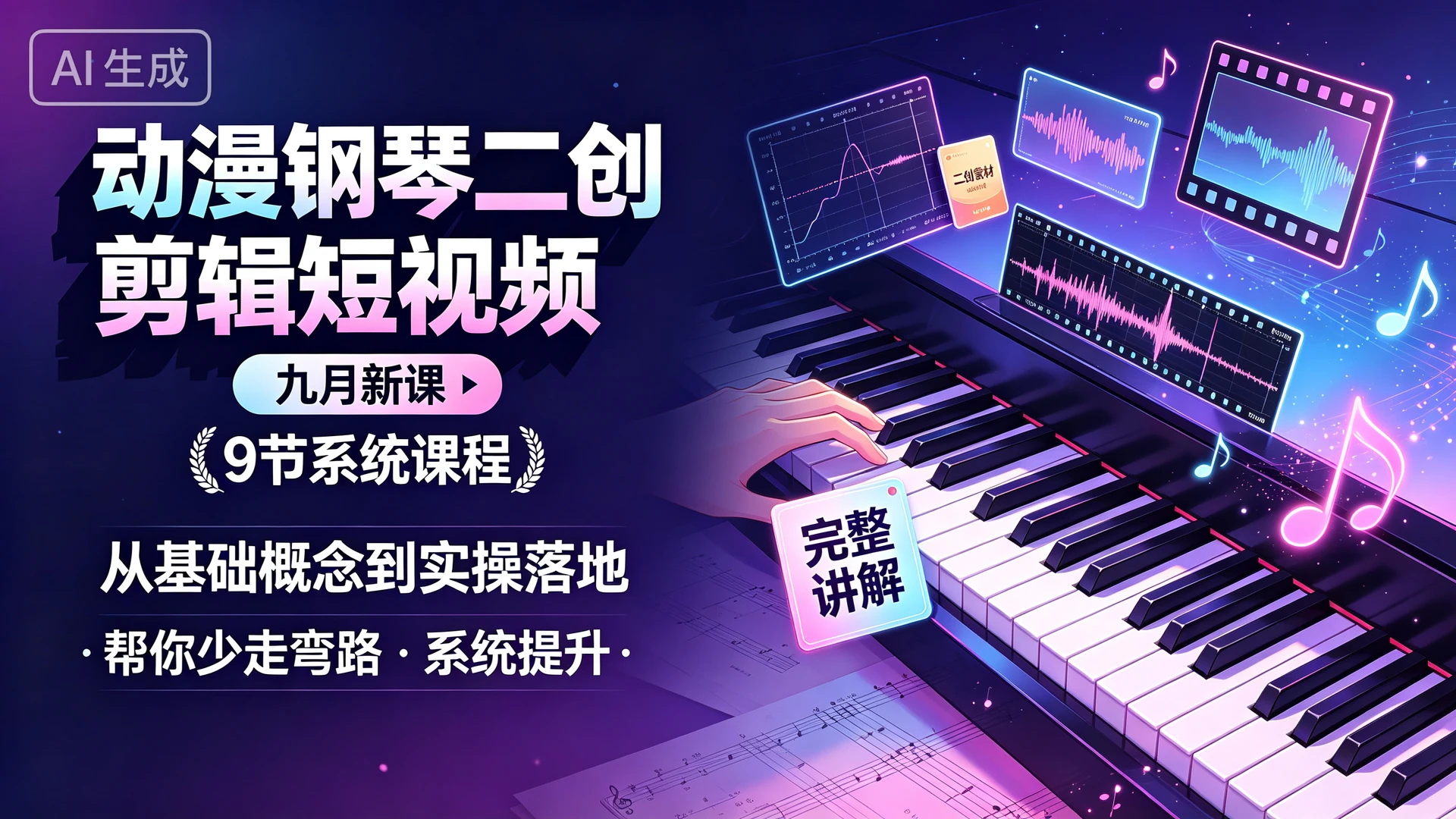 动漫钢琴二创剪辑短视频 九月新课,9 节系统课程,从基础概念到实操落地完整讲解,帮你少走弯路系统提升