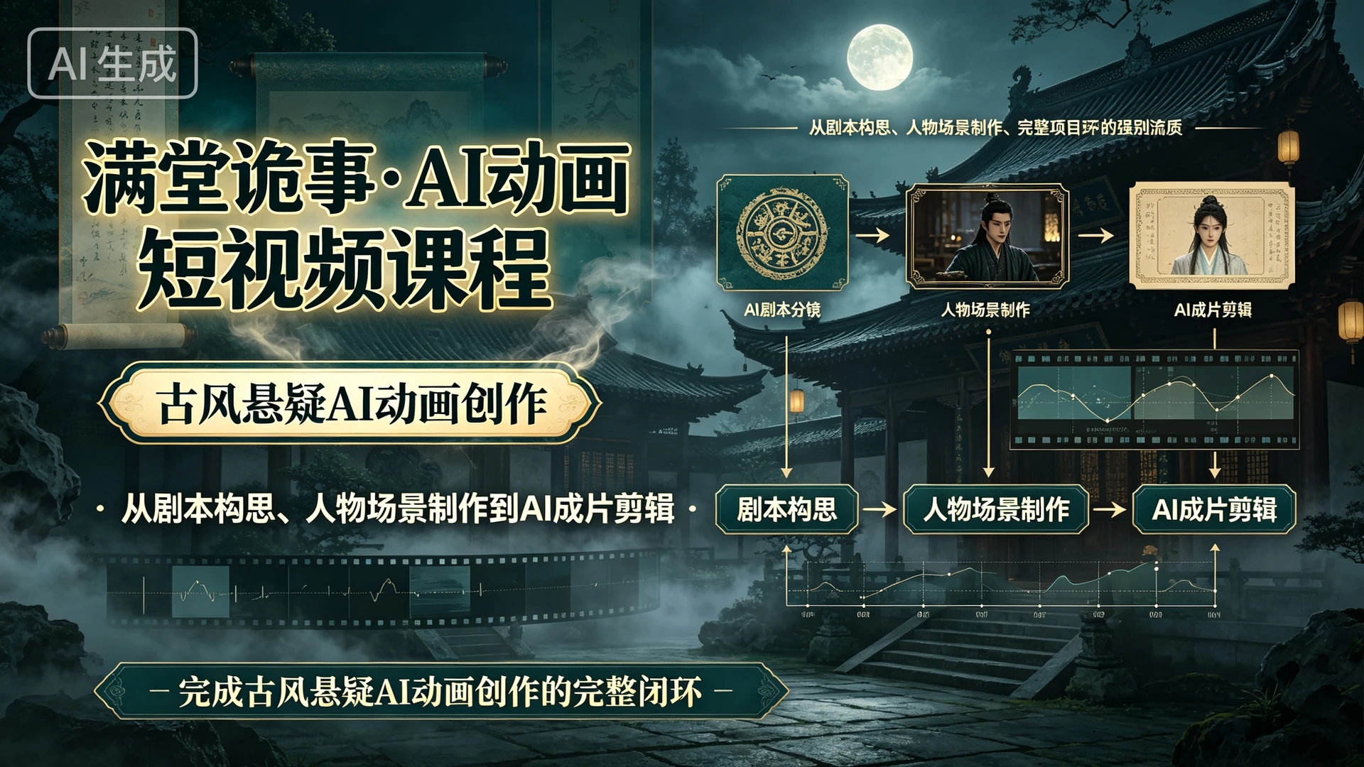 【精】满堂诡事・AI动画短视频课程,带你从剧本构思、人物场景制作到AI成片剪辑,完成古风悬疑AI动画创作的完整闭环